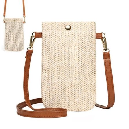 (Beige) Skuldertaske - Dame - Beige - Stråvævning - 12x1x19cm - Let og Elegant