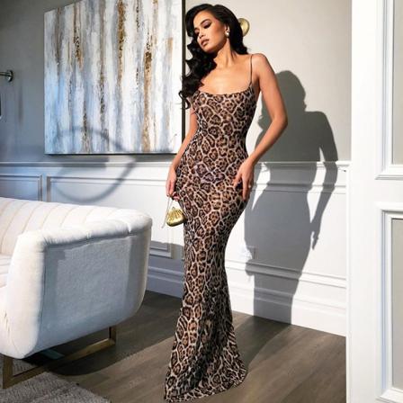 Kvinnors leopardmönstrade blommiga tryck spaghettiband Boho strand lång maxi sommar casual klänning-M