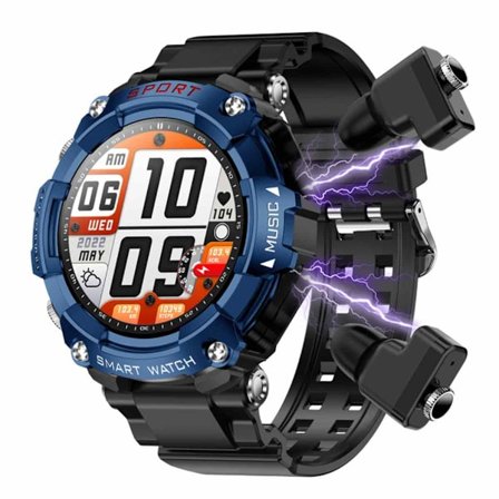 Smartklokke med ørepropper, alt-i-ett smartklokke med innebygde trådløse hodetelefoner, 1,52-tommers HD full berøringsskjerm, støtte for lokal musikk 