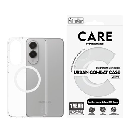 CARE by Panzer Flagship Case Transparent Urban Combat w. White Qi Compatible Samsung S25 Edge PanzerGlass - High quality tempered glass screen 