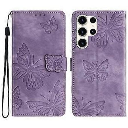 Samsung Galaxy S24 Ultra Etui med Butterfly-tryk i PU-læder med pung og strop