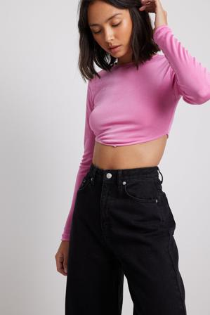 NA-KD Haut brillant à encolure ronde et manches longues - Tops manches longues - Rose - XX-Small
