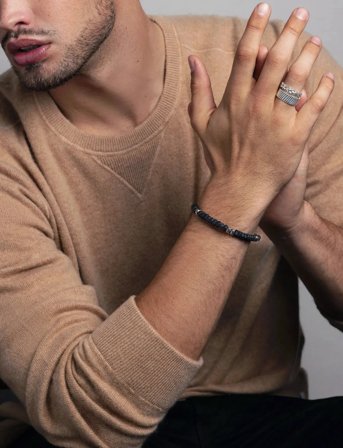 Nialaya Men's Hexagon Beaded Bracelet With Black Onyx And Silver - Black - M