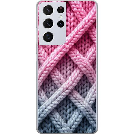 Yhteensopiva Puhelinkuori Samsung Galaxy S21 Ultra 5G Lähikuva kudotusta tekstiilikuviosta vaaleanpunaisissa, harmaissa ja valkoisissa sävyissä, jo