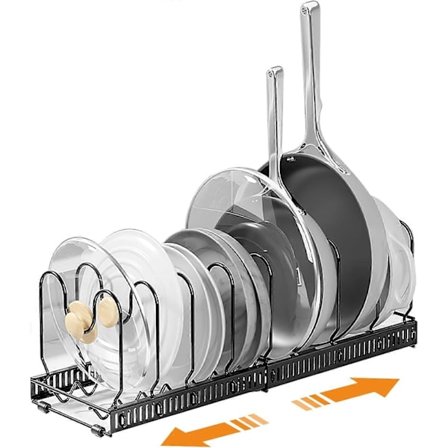 Organizer för kastruller och stekpannor under skåp, expanderbar pannorganisatör inuti skåp med 10 justerbara fack