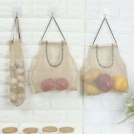 4 stk. genanvendelige hængende opbevaringsnetposer til grøntsager, vaskbare vægmonterede frugtkurve til hvidløg, kartofler, løg eller 