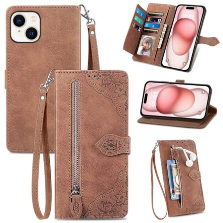 iPhone 15 Plus telefoncover med snor og kortholder, brun.