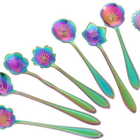 Blomsterskje sett, sett med 8 rustfrie stålskjeer