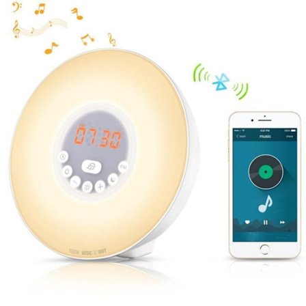 Lysende vækkeur - TD - Solopgangssimulation - FM-radio - Dæmpningslys - Indbygget oplader