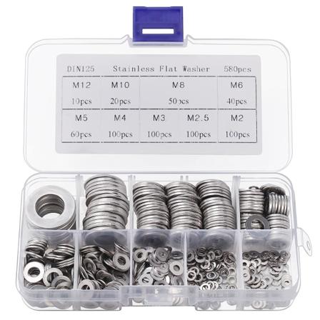 Flatpakning i rustfritt stål oppbevaringsboks (580 stk) M2, M2.5, M3, M4, M5, M6, M8, M10 & M12 - Rundt metallskruesett