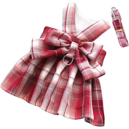 Hund Rutet Sele og Snor Sæt Kat Flue Prinsessekjole Sele Kæledyrstøj til Små Hunde Katte Hvalp Rød