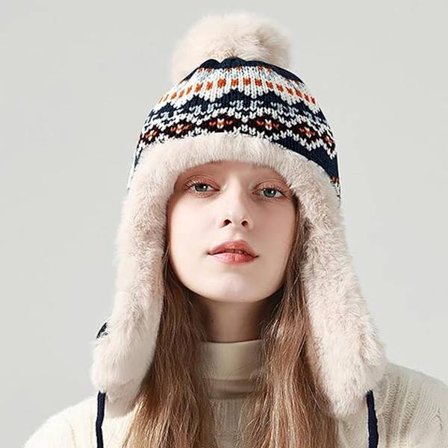 Varm vinterlue for kvinner, marineblå fleece aviator trapperlue, vindtett for ski, sykling og utendørsaktiviteter