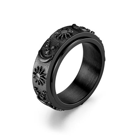 Ruostumattomasta teräksestä valmistettu anti-stress-rengas auringon ja kuun kanssa Musta 23 mm