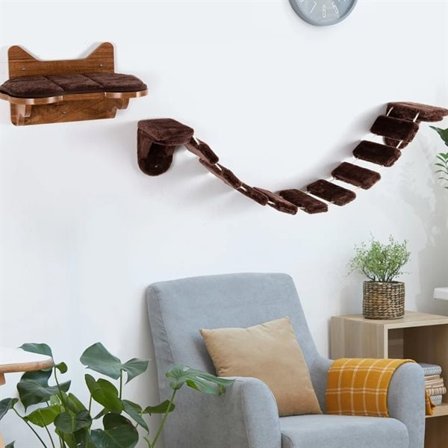 Väggmonterad klätterstege med kattbädd – Brun