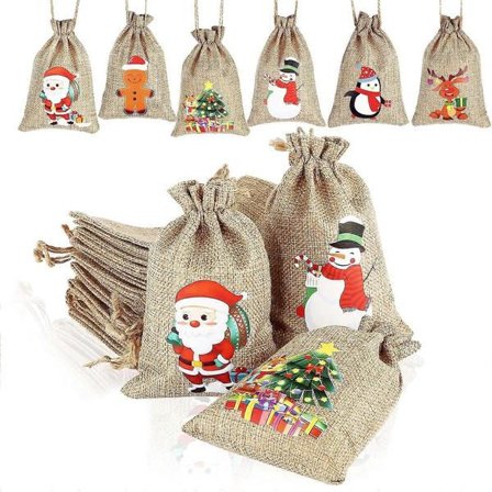 24 Jutesäckar för Jul, Jute Linne Dragsko Julklappspåsar, Snacks Påsar, Hantverkspåsar, Godispåsar