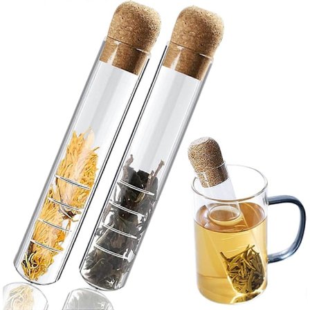 Te-sil i glass, 2 stk med kork, tefilter, tebryggere for løs te, mikroperforert tebrygger for de fleste kopper