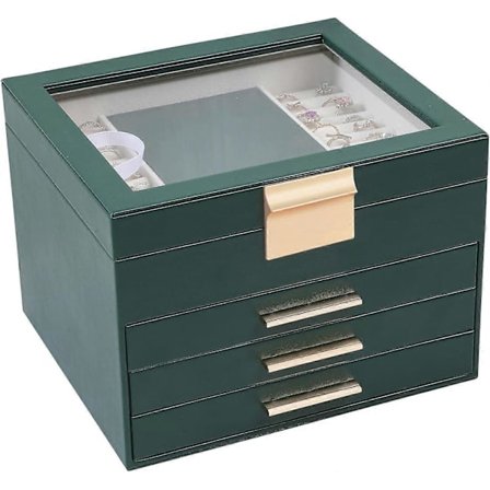 Smykkeskrin, 4-lags smykkeoppbevaringsboks med 3 skuffer, smykkestativ, oppbevaringsboks for ringer, øredobber, halskjeder og armbånd