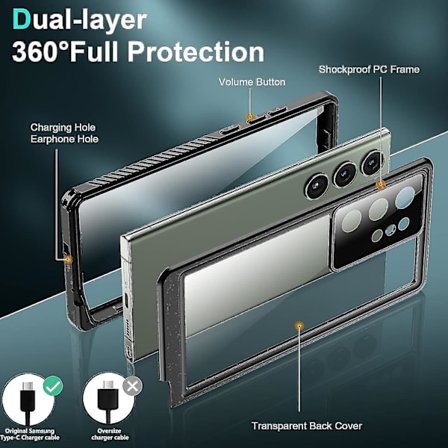 Vanntett deksel for Samsung Galaxy S24 Ultra/s24 Plus/s24, innebygd skjermbeskytter, full beskyttelse, kraftig støtsikkert deksel