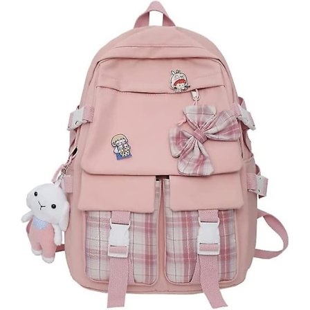 Kawaii Ryggsäck Tonårsflicka Japanska Skolväskor med Stor Rosett Kawaii Skolmaterial Rutig Preppy Ryggsäck Flickor (Rosa, One Size)