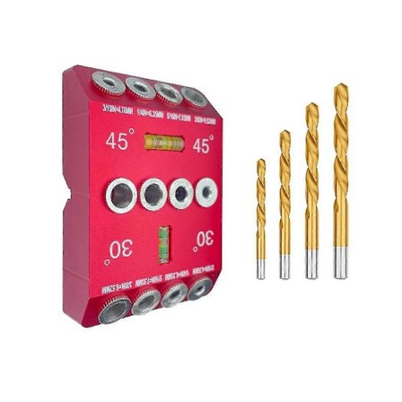 30 45 90 Graders Vinkelboreguide Jig, Boreguide med 4 Bor, 4 Størrelser Borejig til Vinklede og Lige Huller