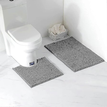 2-delt badeværelsesmåtte / toiletmåttesæt, blød absorberende tyk chenille skridsikker toiletmåtte til badeværelse / toilet, maskinvaskbar (mørkegrå)[