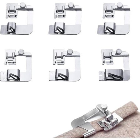 6 st Rostfritt stål rullfållsfot symaskin pressarfot 3 breda rullfåll pressarfötter 3/8J 4/8 5/8 6/8 7/8 8/8mm kompatibel med Brother Janome