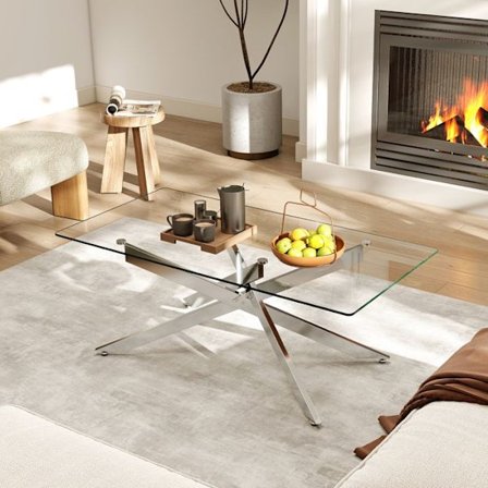 COSTWAY Glasbord i hærdet glas, 120x60x45,5cm rektangulært sofabord, metalrørben, sølv sofabord