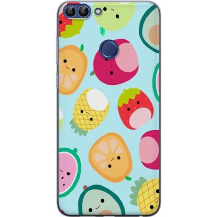 Yhteensopiva Puhelinkuori Huawei P smart Kawaii-hedelmien kuvioita, kuten mansikkaa, sitruunaa, ananasta ja avokadoa vaaleansinisellä taustalla