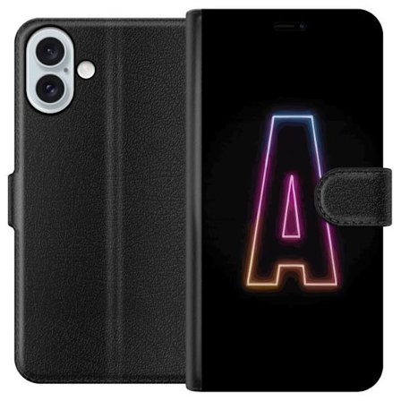 Yhteensopiva Lompakkokotelo Apple Apple iPhone 16 Plus Minimalistinen neonkirjain A sateenkaarenvärisessä valossa mustaa taustaa vasten modernissa t
