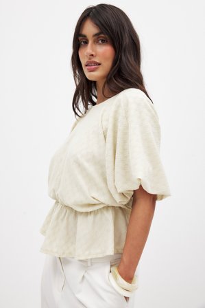 NA-KD Peplum Draped Top - Toppe med puff ærmer - Beige - XS