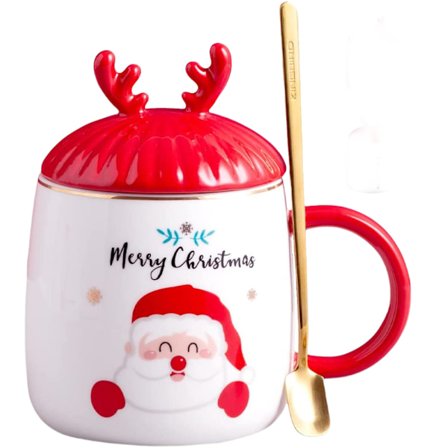 Søt krus julekaffekrus, høykvalitets keramikk, høy temperaturbestandig, 15oz med 3D-lokk og skje, julegave, julenissen