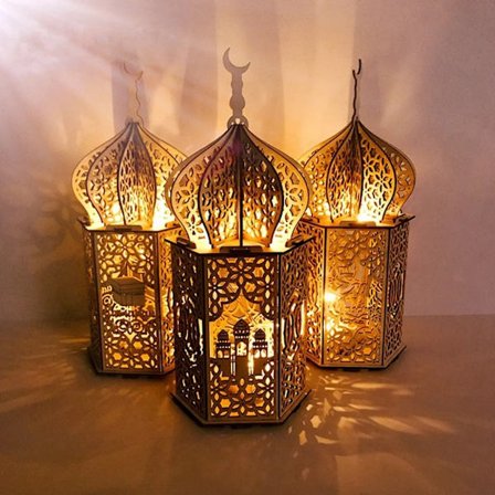 3 stk Eid Mubarak muslimsk LED-lyslyssett Ramadan-lampe dekor trelykt 35*15cm muslimsk islamfest DIY LED-lykt lampe