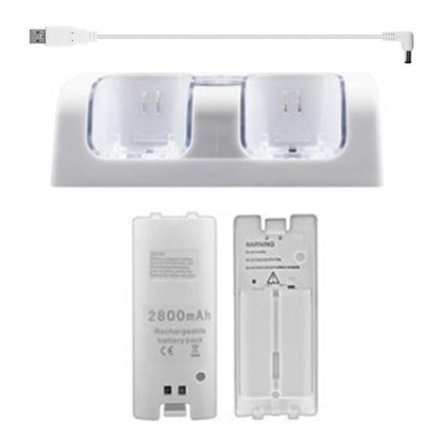 2 kpl 2800 mAh ladattavia akkuja ja Wii-akun lataustelakka Wii-kaukosäätimen lisävarusteelle