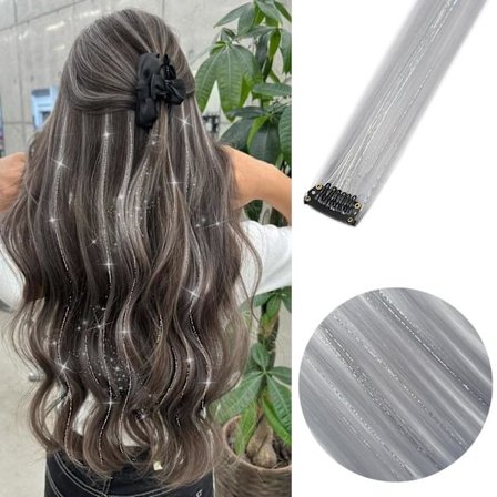 Clip in färgat hårförlängning blandat silver glitter Syntetisk regnbågsfrisyr Holiday Party Highlights for Women Girls