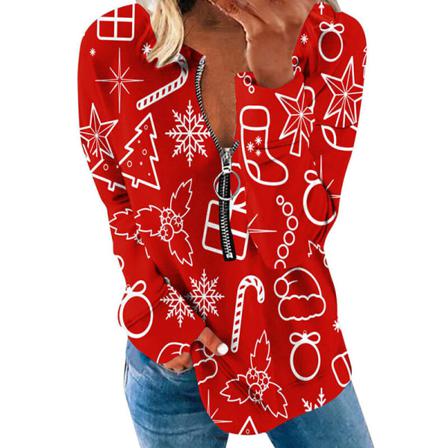 Kvinnor Julgran Printed Dragkedja Pullover V-hals Tunika Blus