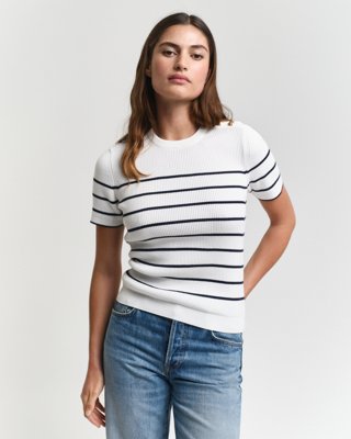 GANT - Ribbet genser med rund hals til dame cream