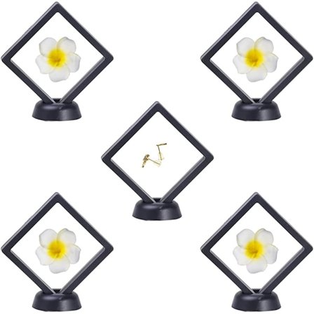 5 stk. (sort) flydende montre, 3D transparente displaystativer, flydende rammedisplayholdere, PE-film, med stativ, til mønter, eksemplarer, smykker
