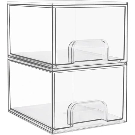 Staplingsbare oppbevaringsbokser, baderomsorganisatorer i akryl, spiskammer, hjemmeorganisering og oppbevaring