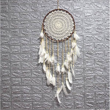 Grand Boho Drømmefanger Hvid Fjer og Perler Vægophæng