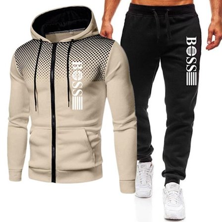 BOSS Herre Tracksuit 2-delt Hoodie Langærmet Zip-up Jakke med Casual Joggingbukser Sweatsuit Set Khaki-Black