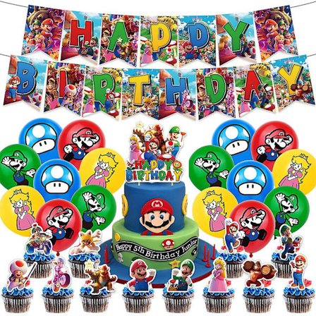 Super Mario Bros Filmtema Barnkalas Tillbehör Grattis på födelsedagen Banner Ballonger Kit Tårta Cupcake Toppers Dekorationer Set