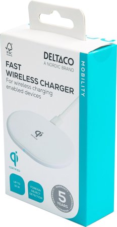 Deltaco wireless charger, 10 W, USB-C, Qi certified, white