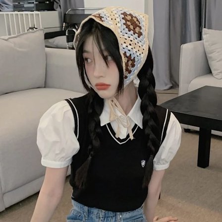 Kukkainen virkattu bandana neulottu hiushuivi pääpanta 50cm sininen valkoinen