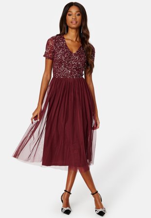AngelEye Short Sleeve Sequin Embellished Midi Dress Burgundy Tøj