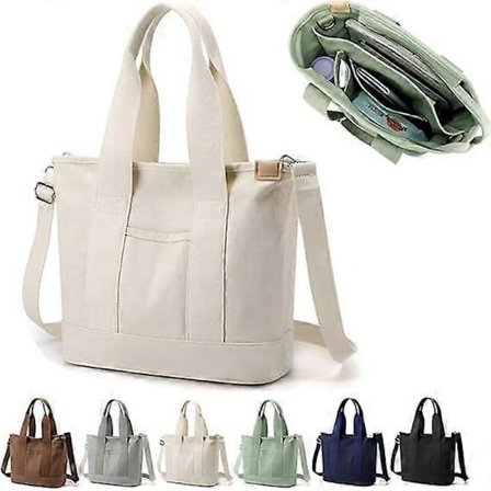 Multi-Pocket Tote Taske med Lynlås, Canvas Håndlavet Håndtaske med Rum, Multifunktionel Taske til Kvinder Damer Universitet Skole Arbejde Rejser