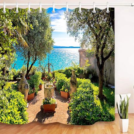 Solrik hage ved sjøen med vakker utsikt Badedekorasjon, 3D HD, vanntett dusjforheng i polyester, 12 kroker, 180X180cm, badeværelsesessensielt