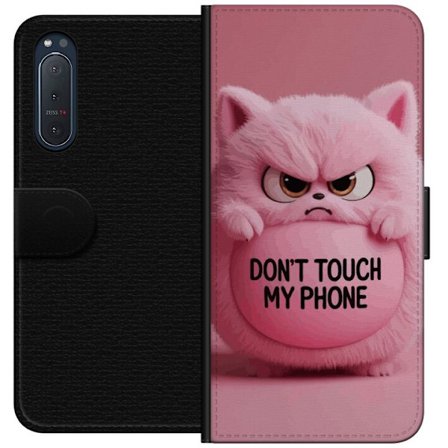 Kompatibelt Lommeboketui til Sony Sony Xperia 5 II Sint rosa lodden katt med teksten "Ikke Rør Min Telefon", et humoristisk beskyttelsesmotiv som pas