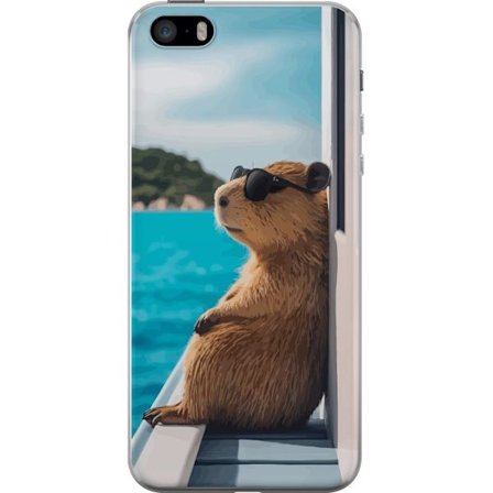 Kompatibel Mobilcover til Apple Apple iPhone SE (2016) Afslappet kapibara med solbriller ved havet, sjovt og humoristisk motiv der spreder glæde og f