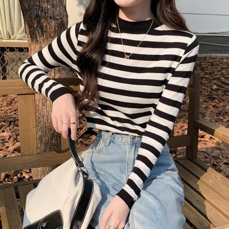 Kvinnor flickor Stickat tröja Randig Crew Neck Långa ärmar Tunn Inre Match Bottom Black 51*86*54cm