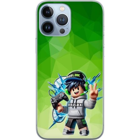 Kompatibelt Mobildeksel til Apple iPhone 13 Pro Max Roblox-inspirert gamerfigur med headset, håndkontroll og energiske effekter mot grønn bakgrunn